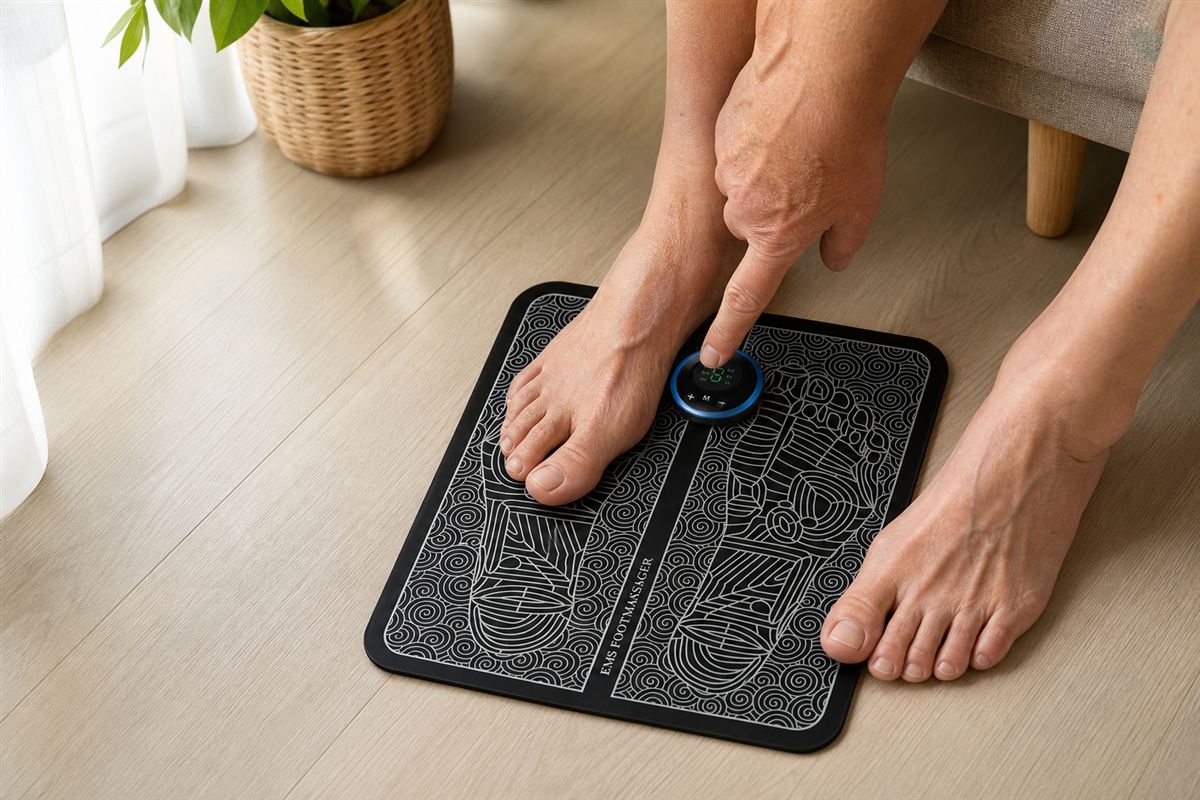 StepRelief EMS foot mat with feet resting on the contact pads while a finger presses the controller